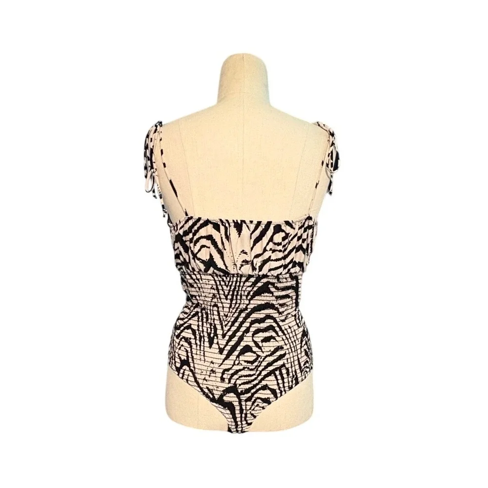 Zebra Print Smocked Bodysuit Black Cream Tie Strap Women Med Going out Animalier - Picture 3 of 8